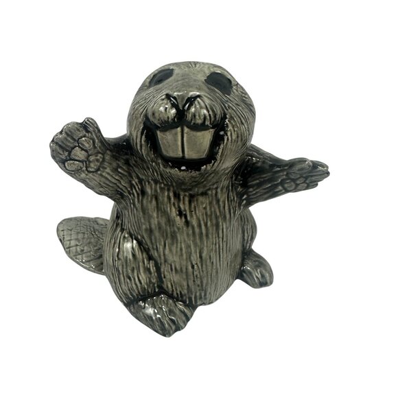 Handcrafted Ceramic Beaver Figurine Set Of Three Gray Black Textured Detailing - Picture 2 of 11